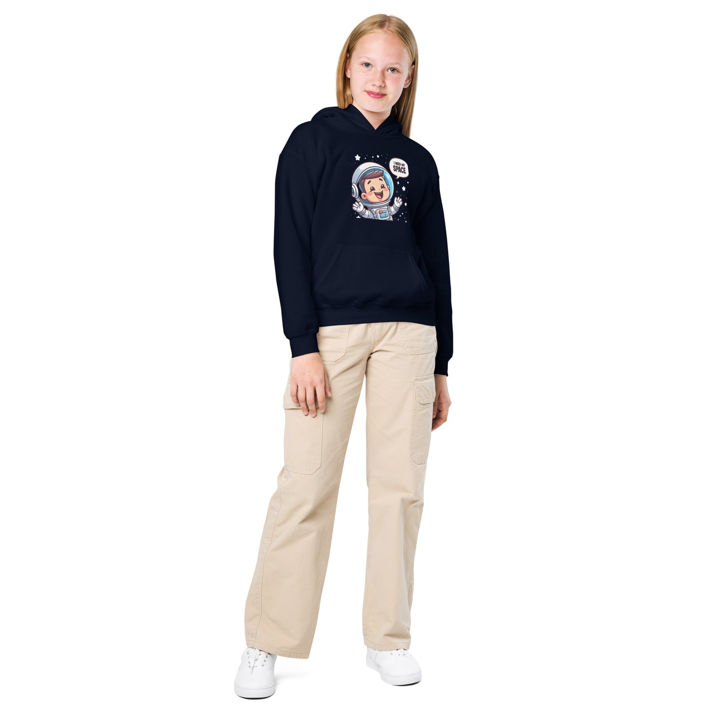 Navy heavy blend space hoodie featuring a cute astronaut graphic for kids