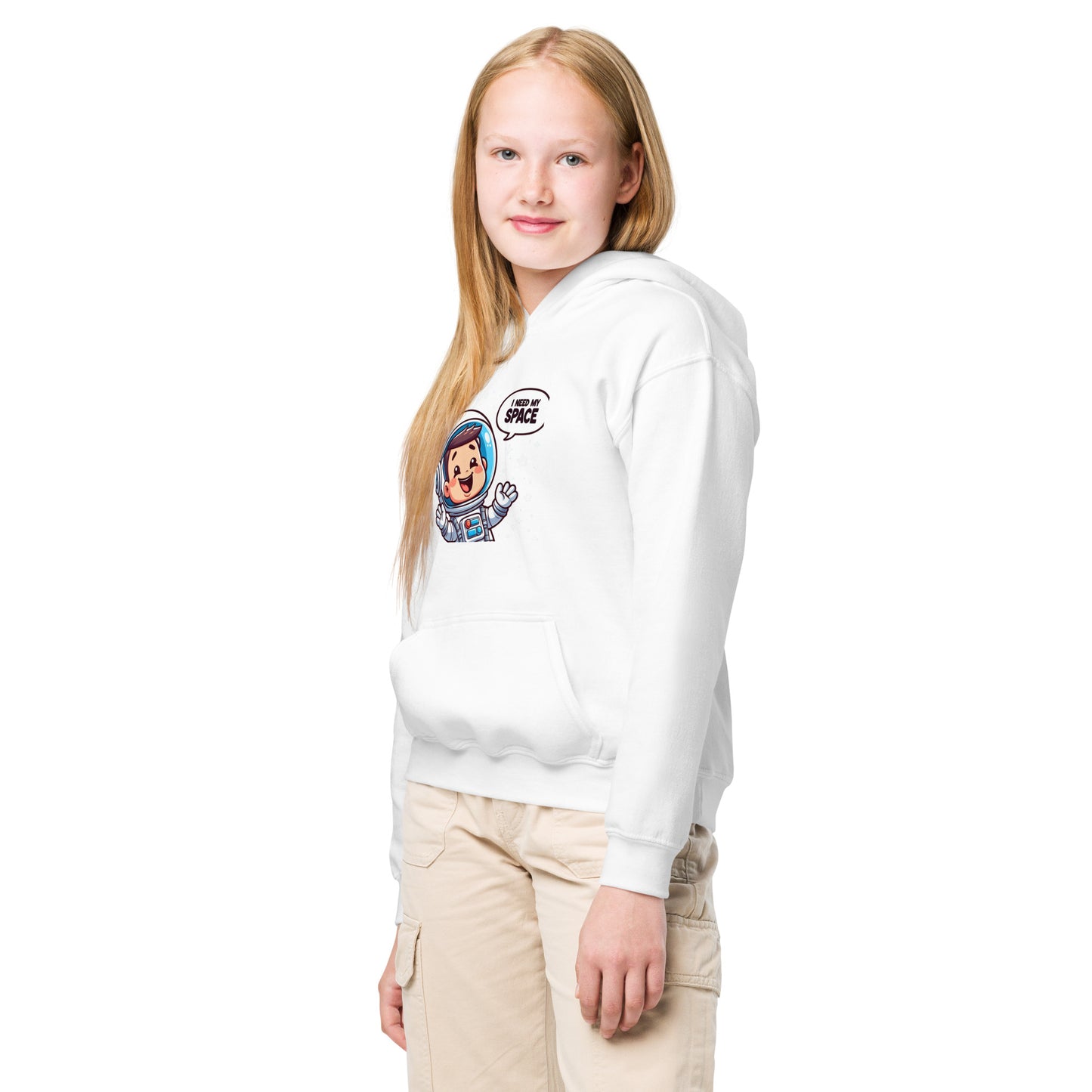 White Heavy Blend Space Hoodie featuring a cheerful astronaut design for kids