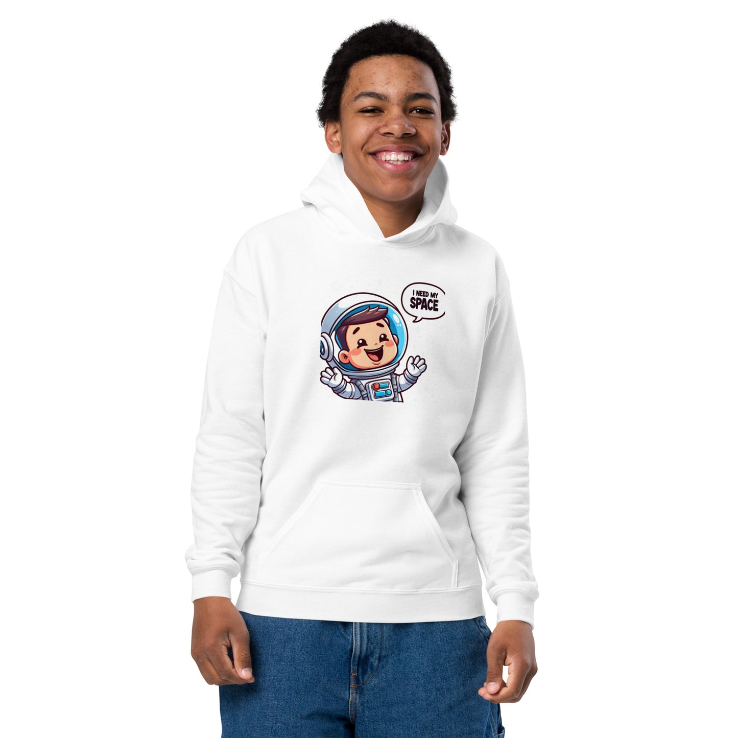 White heavy blend space hoodie featuring a cheerful astronaut graphic for space enthusiasts