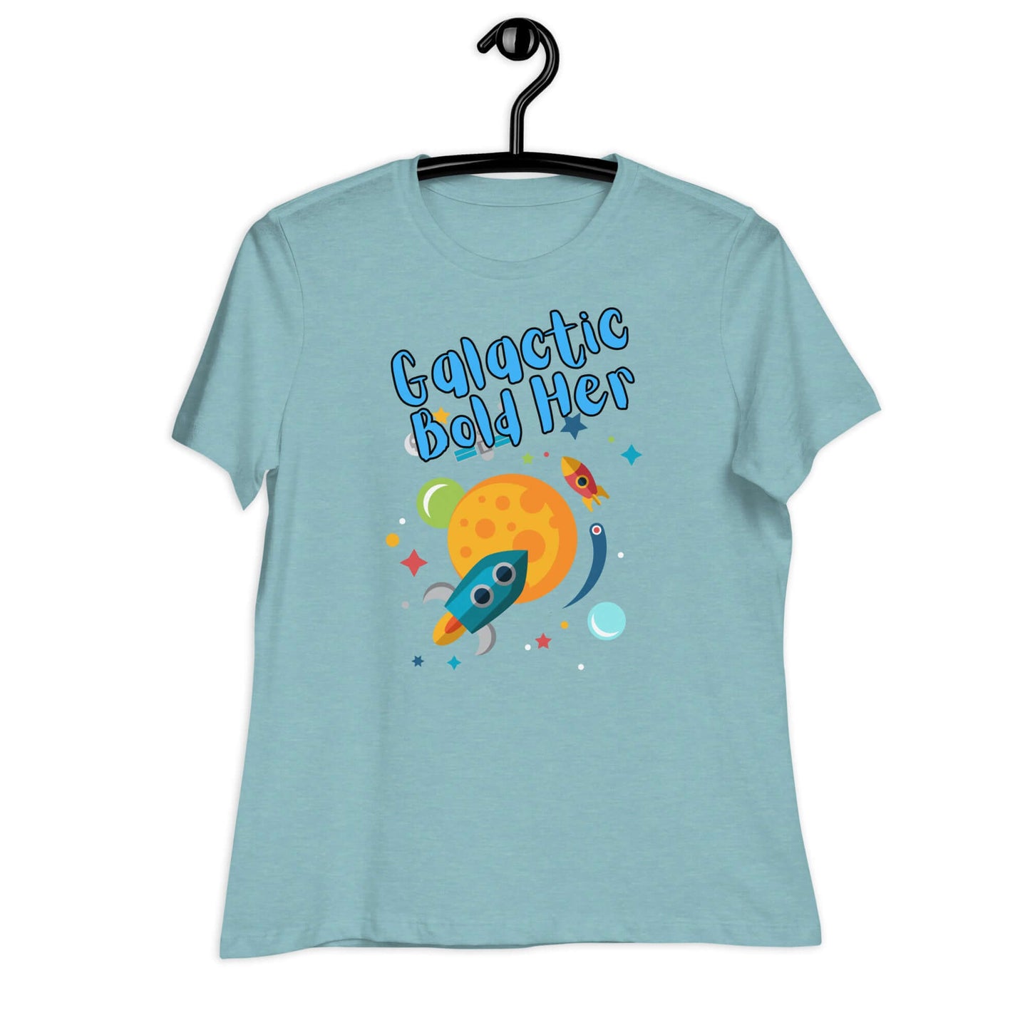 Galactic Bold Her women’s t-shirt in light blue featuring a rocket and planet design.
