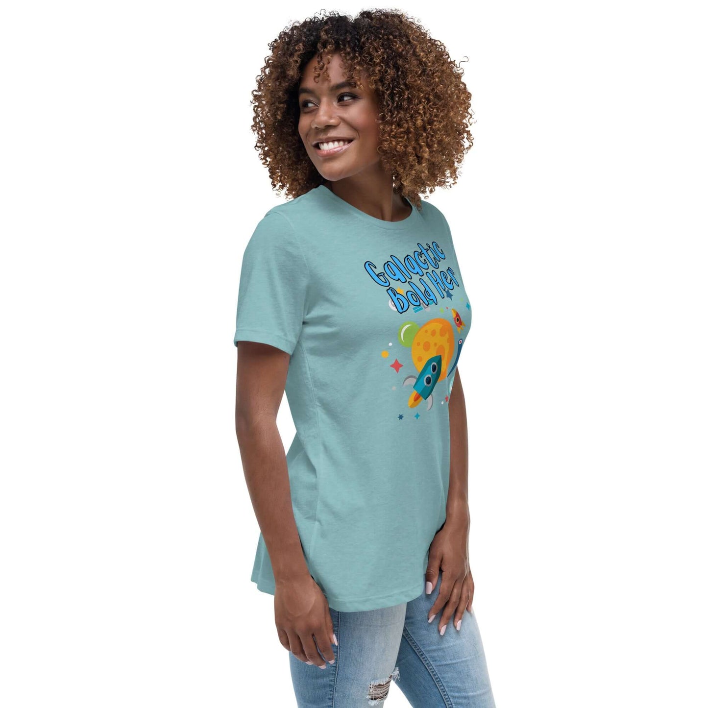 Woman wearing Celestial Souls Women’s Relaxed T-Shirt with rocket graphic, styled for a casual look.