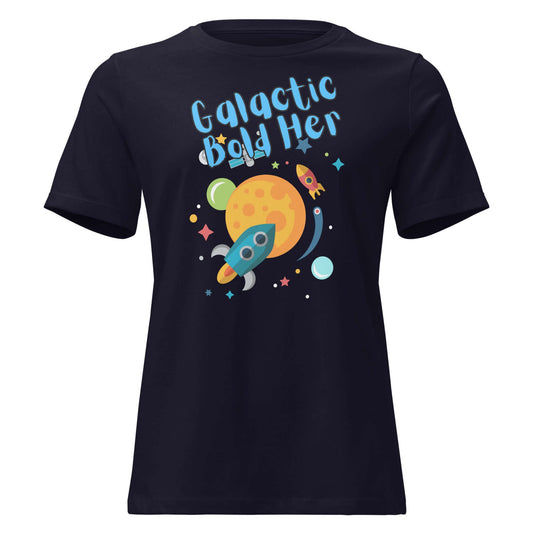 Galactic Bold Her graphic t-shirt featuring planets and rockets on a dark navy background.