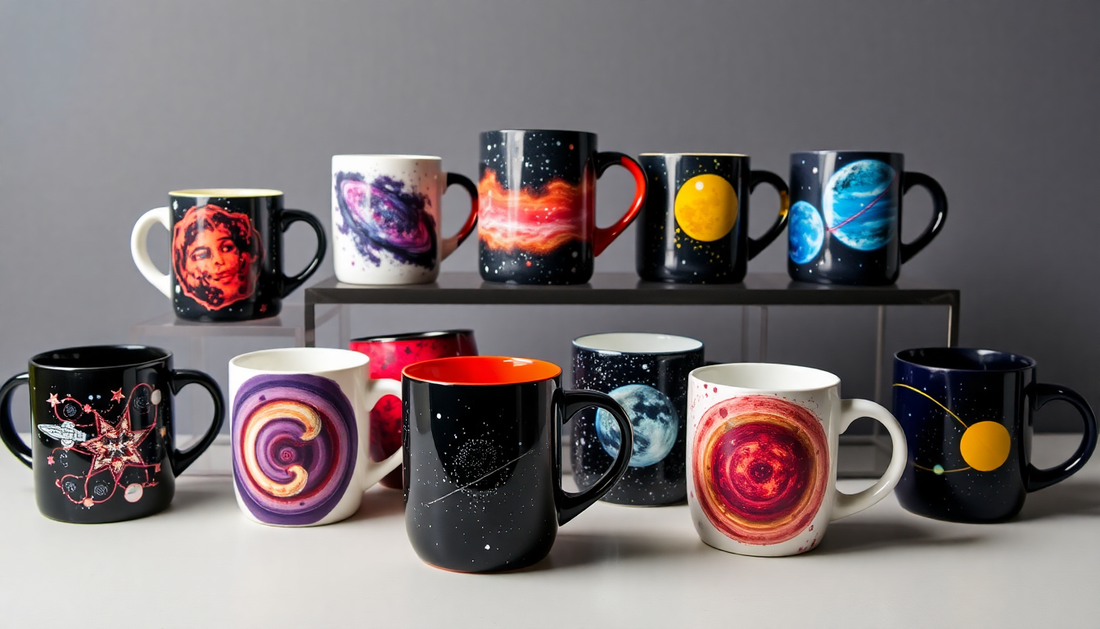 A collection of unique space-themed mugs displayed