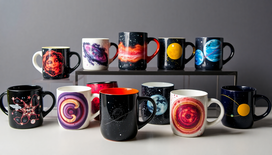 A collection of unique space-themed mugs displayed