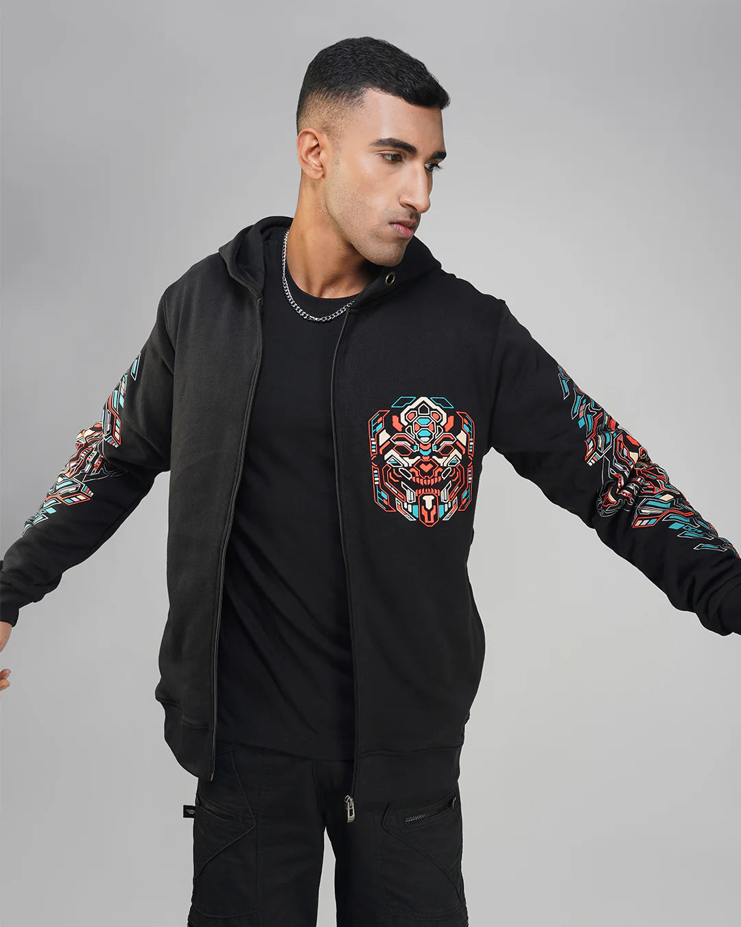 Cyberpunk Skull 0.1 | zip up Cotton Hoodie | UV Light Reactive Plus Glow in Dark