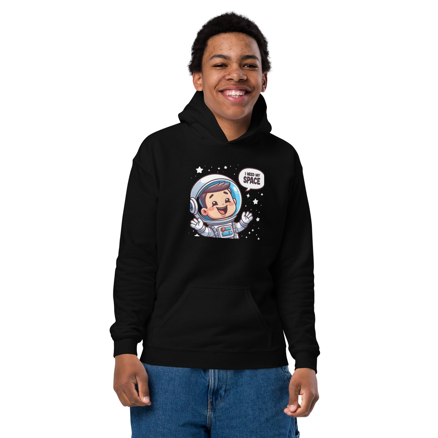 Black heavy blend space hoodie featuring a cheerful astronaut with stars and the phrase I love space
