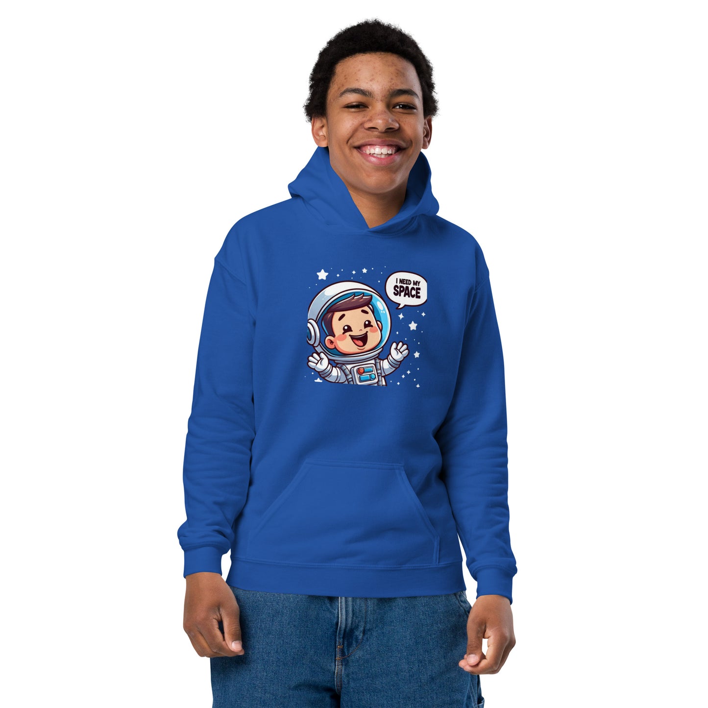 Heavy blend space hoodie featuring an astronaut graphic with cheerful design for space enthusiasts