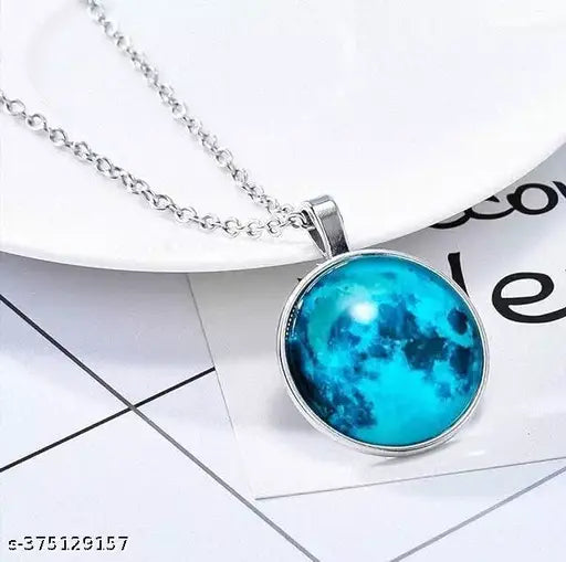 Trending Romantic Glow In The Dark Rising Blue Moon Handmade Crystal Glass Dome Lunar Eclipse Alloy Pendant Necklace With Chain