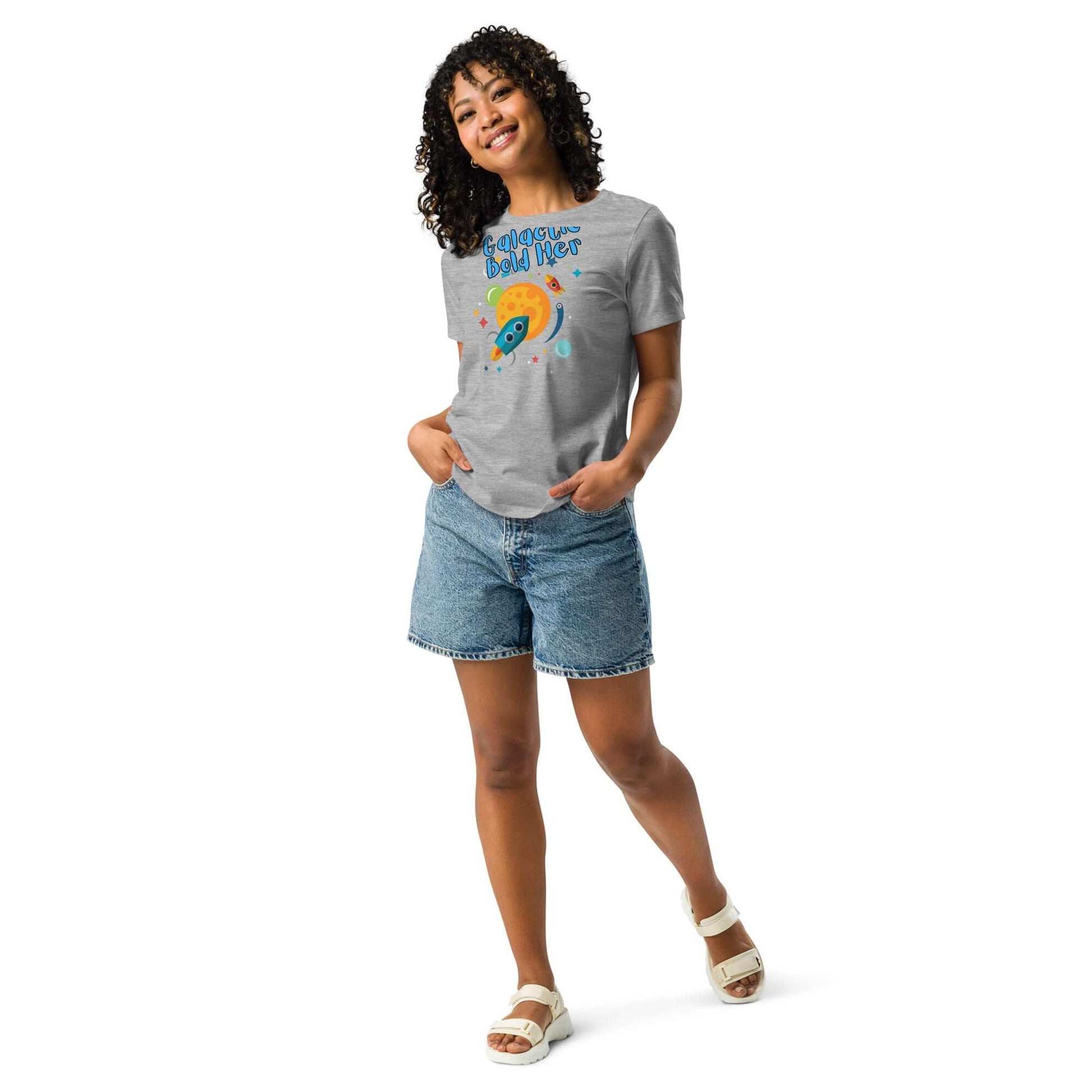 Woman wearing a Celestial Souls Women’s Relaxed T-Shirt with a fun design, paired with denim shorts.