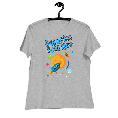 Galactic Bold Her graphic t-shirt on a hanger, featuring a rocket and planet design.