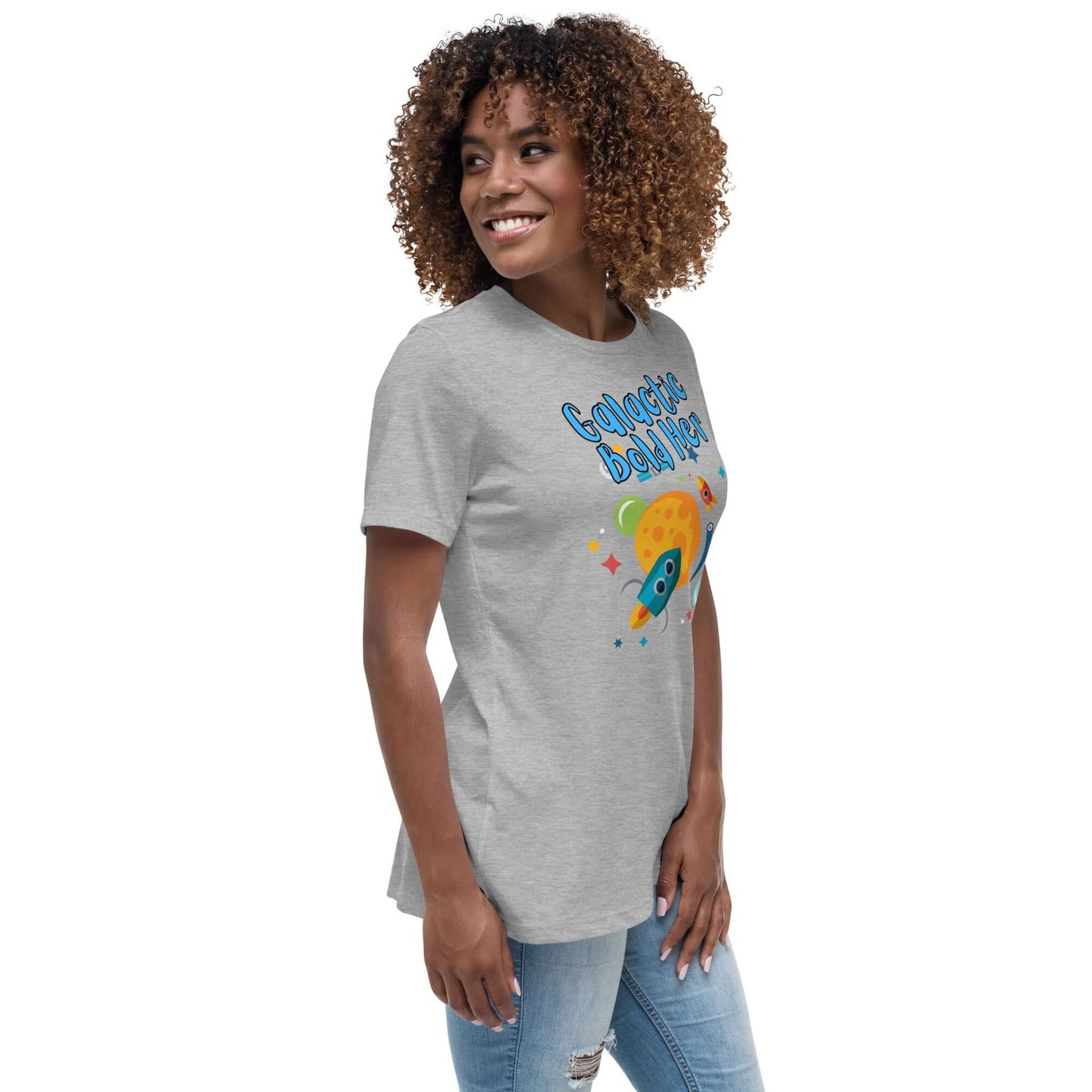 Woman in a gray t-shirt with 'Galactic Exploration' design, showcasing a relaxed fit and casual style.