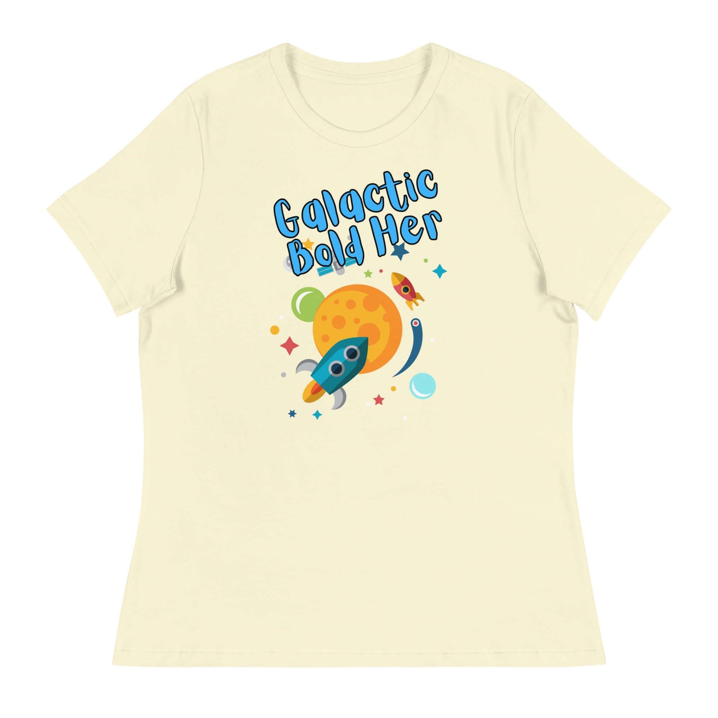Cute cream t-shirt featuring 'Galactic Bold Her' with rocket and planet graphics.