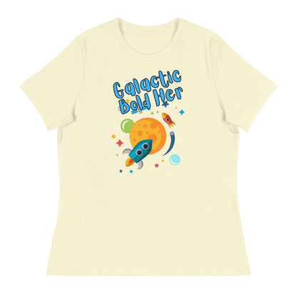 Cute cream t-shirt featuring 'Galactic Bold Her' with rocket and planet graphics.