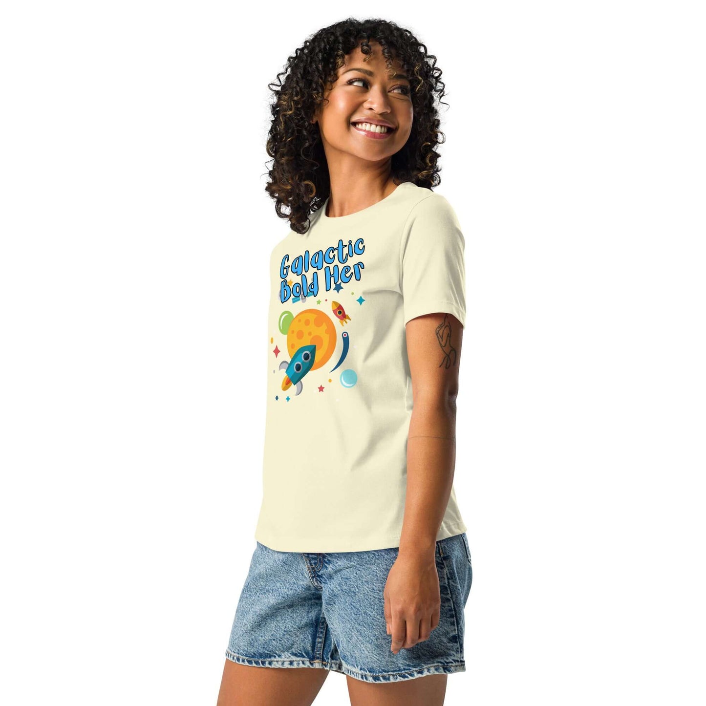 Celestial Souls Women’s Relaxed T-Shirt displayed on a model with a playful space design, perfect for casual wear.