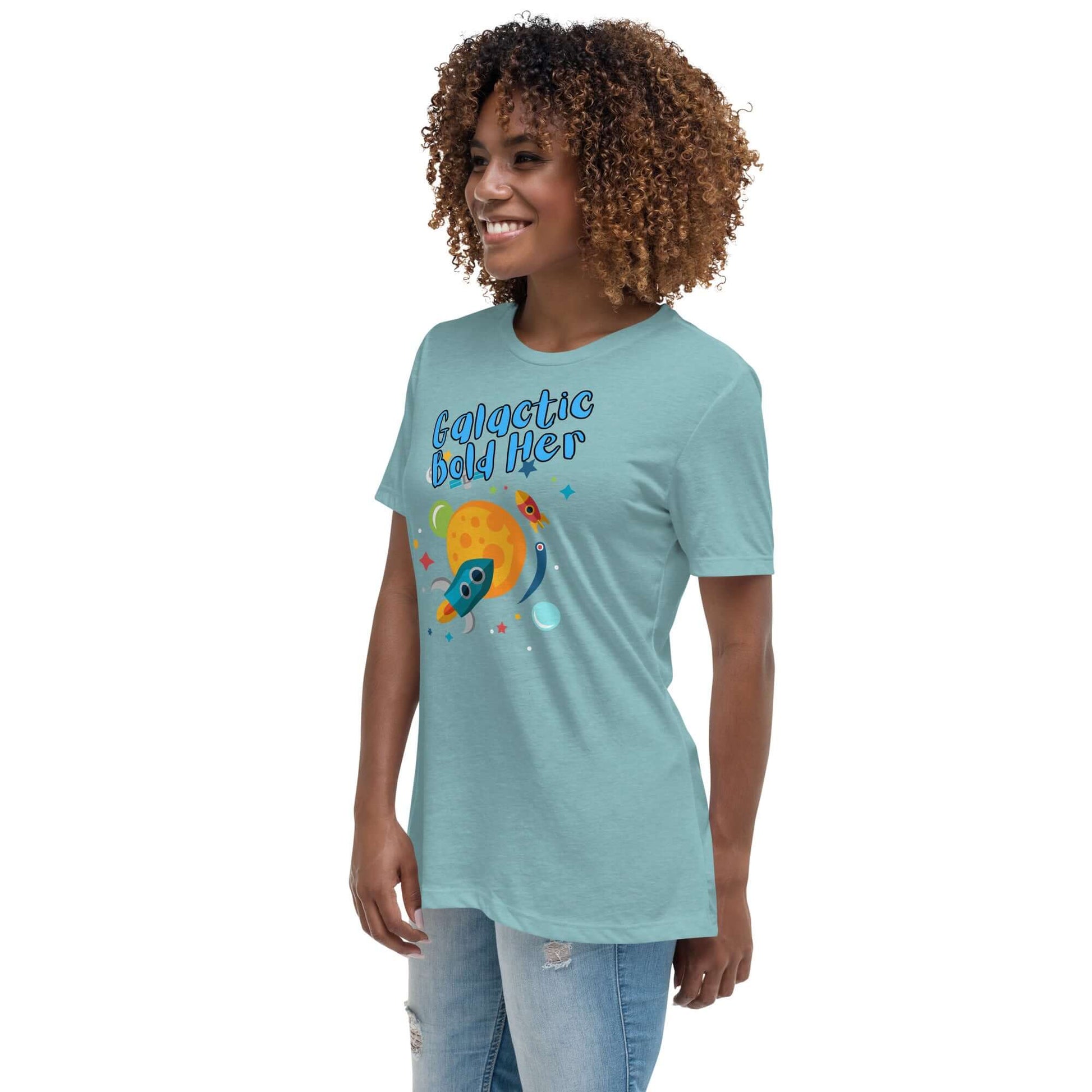 Celestial Souls Women’s Relaxed T-Shirt featuring a galactic design with a rocket and vibrant colors.