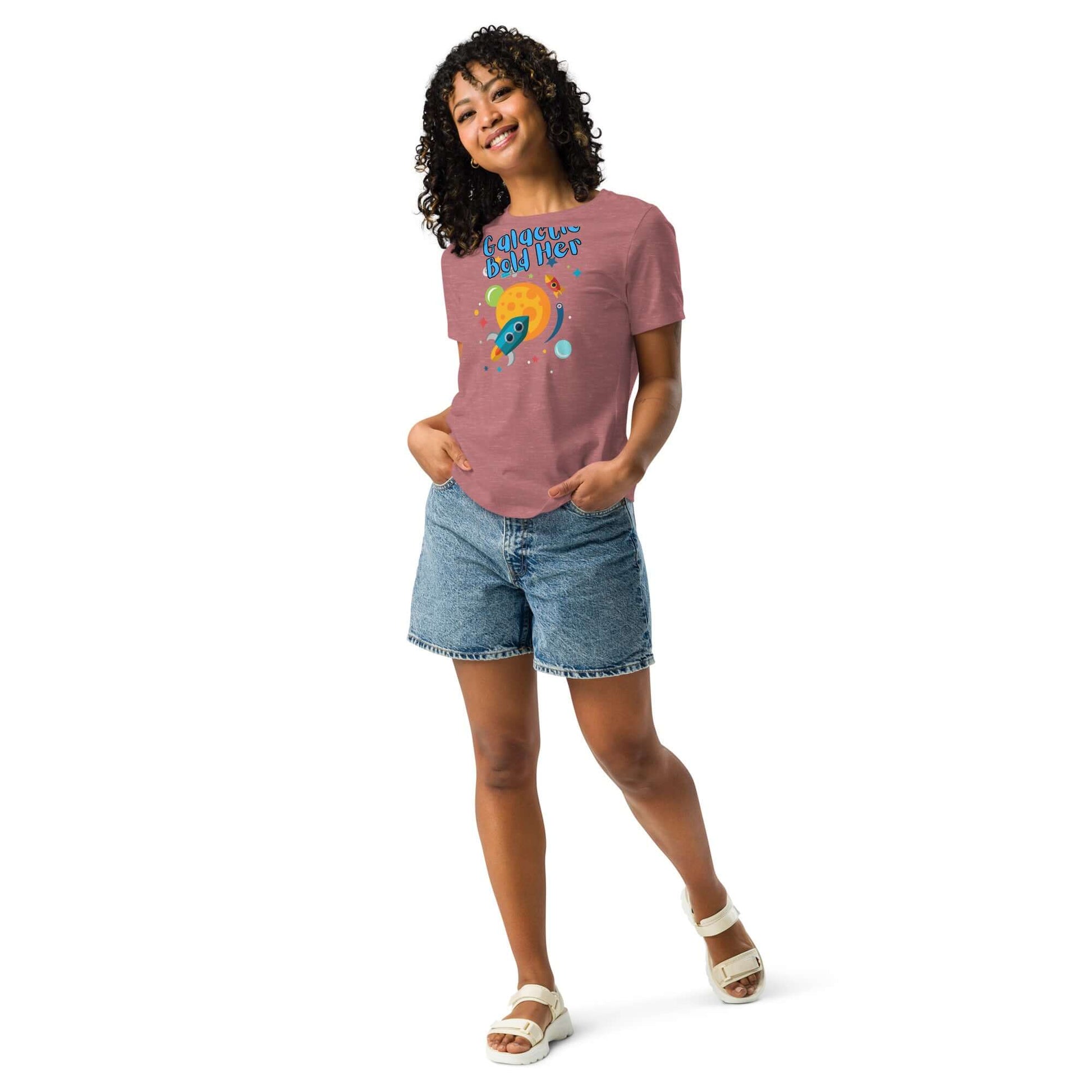 Celestial Souls Women’s Relaxed T-Shirt in soft pink, styled with denim shorts and sandals, perfect for casual outings.