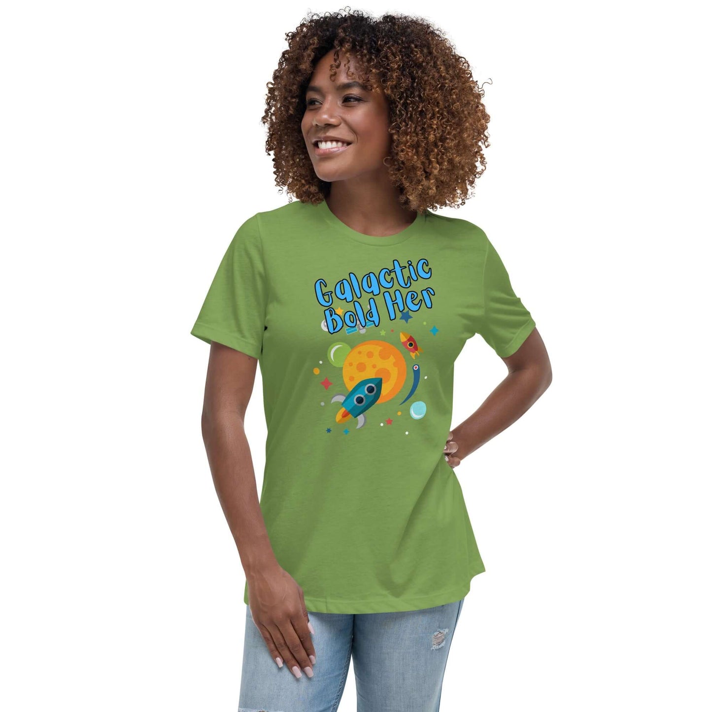 Celestial Souls Women’s Relaxed T-Shirt in green featuring playful 'Galactic Bold Her' graphic.