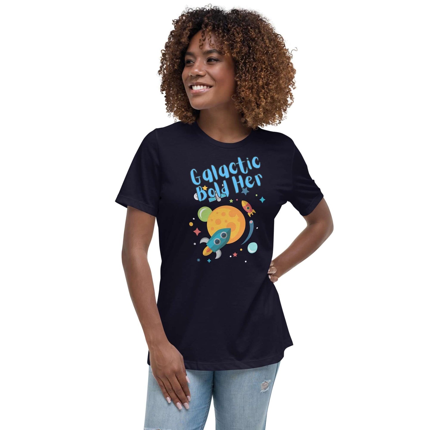 Celestial Souls Women’s Relaxed T-Shirt featuring a playful galactic design and relaxed fit.