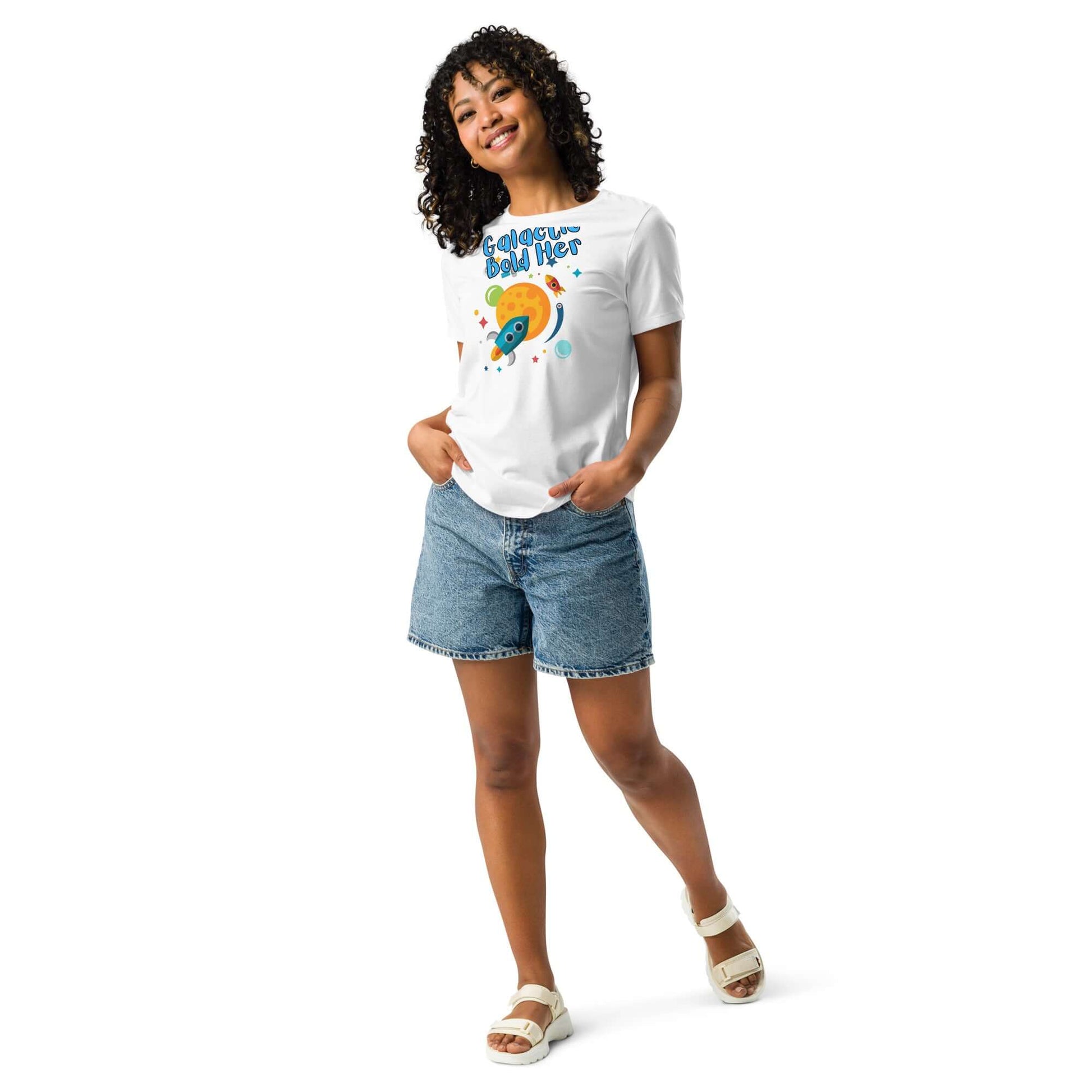 Woman in a casual outfit wearing a Celestial Souls Women’s Relaxed T-Shirt with denim shorts.