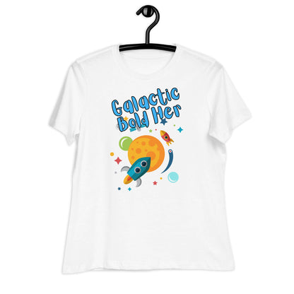Galactic Bold Her graphic t-shirt on a hanger featuring a colorful space design with a rocket and planet.