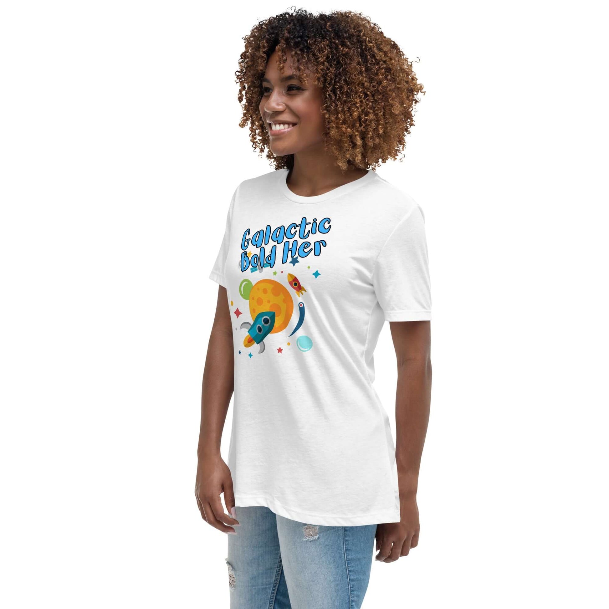 Celestial Souls Women’s Relaxed T-Shirt featuring a cheerful design with a rocket and planets.
